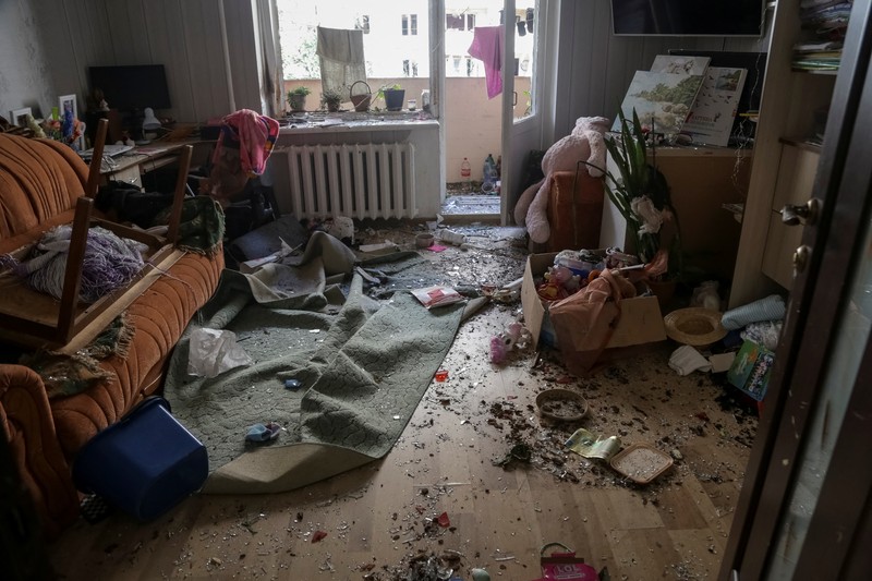 A view shows an apartment building damaged during a massive Russian drone strike, amid Russia's attack on Ukraine, in Odesa, Ukraine June 10, 2023. Press Service of the Operational Command South of the Ukrainian Armed Forces/Handout via REUTERS ATTENTION EDITORS - THIS IMAGE HAS BEEN SUPPLIED BY A THIRD PARTY.