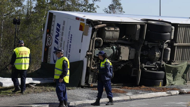 Polisi memeriksa sebuah bus di sisinya dekat kota Greta setelah kecelakaan di Hunter Valley, utara Sydney, Australia, Senin, 12 Juni 2023. Bus yang membawa tamu pernikahan terguling pada malam berkabut di negara penghasil anggur Australia, menewaskan dan melukai banyak orang, kata polisi. (AP Photo/Mark Baker)