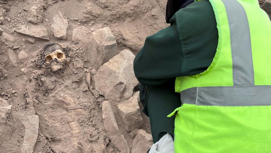 Seorang arkeolog bekerja di situs penggalian pemakaman pra-Hispanik di samping mumi yang diyakini berasal dari budaya Manchay, yang berkembang di lembah Lima antara 1.500 dan 1.000 SM, di Lima, Peru, 14 Juni 2023. (REUTERS/Anthony Marina)