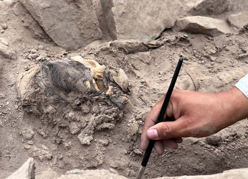 Sisa-sisa mumi, diyakini berasal dari budaya Manchay yang berkembang di lembah Lima antara 1.500 dan 1.000 SM, digambarkan di situs penggalian pemakaman pra-Hispanik, di Lima, Peru, 14 Juni 2023. (REUTERS/Alfredo Galarza)