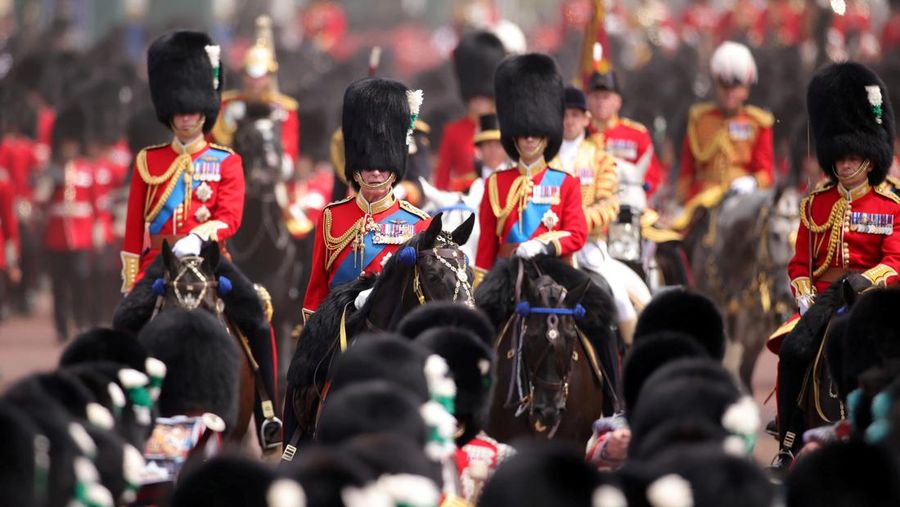 Britain's King Charles and other members of the British royal family ride down The Mall on the day of Trooping the Colour parade to honour the king's official birthday, in London, Britain, June 17, 2023. Sgt Donald C Todd/UK MoD/Handout via REUTERS THIS IMAGE HAS BEEN SUPPLIED BY A THIRD PARTY. MANDATORY CREDIT