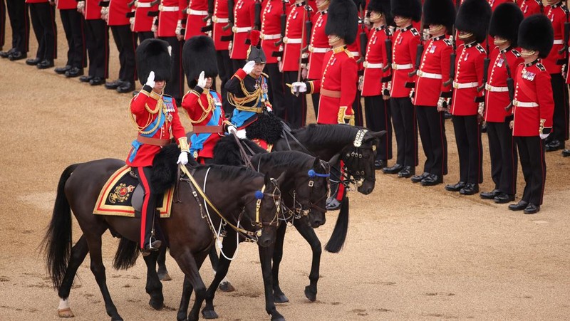 Britain's King Charles and other members of the British royal family ride down The Mall on the day of Trooping the Colour parade to honour the king's official birthday, in London, Britain, June 17, 2023. Sgt Donald C Todd/UK MoD/Handout via REUTERS THIS IMAGE HAS BEEN SUPPLIED BY A THIRD PARTY. MANDATORY CREDIT