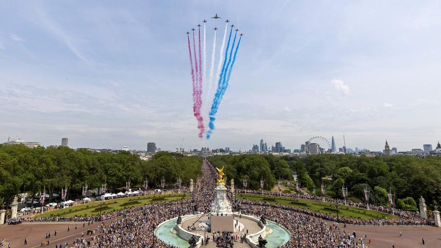 Britain's King Charles and other members of the British royal family ride down The Mall on the day of Trooping the Colour parade to honour the king's official birthday, in London, Britain, June 17, 2023. Sgt Donald C Todd/UK MoD/Handout via REUTERS THIS IMAGE HAS BEEN SUPPLIED BY A THIRD PARTY. MANDATORY CREDIT