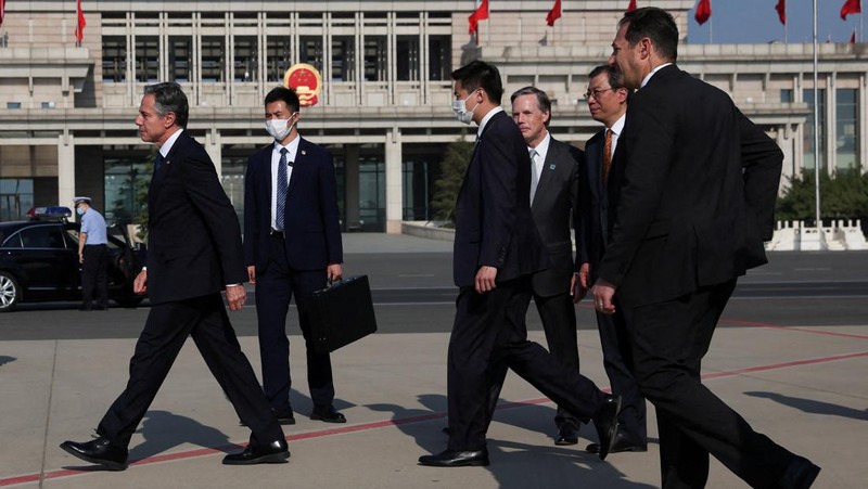 U.S. Secretary of State Antony Blinken arrives in Beijing, Sunday, June 18, 2023. (Leah Millis/Pool Photo via AP)
