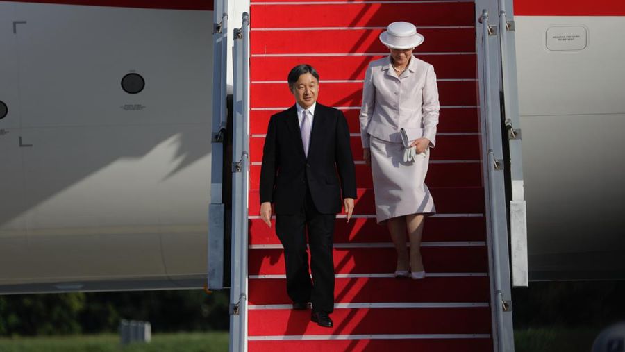 Japanese Emperor Naruhito, left, and Empress Masako , right, arrive at Soekarno-Hatta International Airport in Tangerang, Banten province, Indonesia, Saturday, June 17, 2023. ( Ajeng Dinar Ulfiana/Pool Photo via AP)