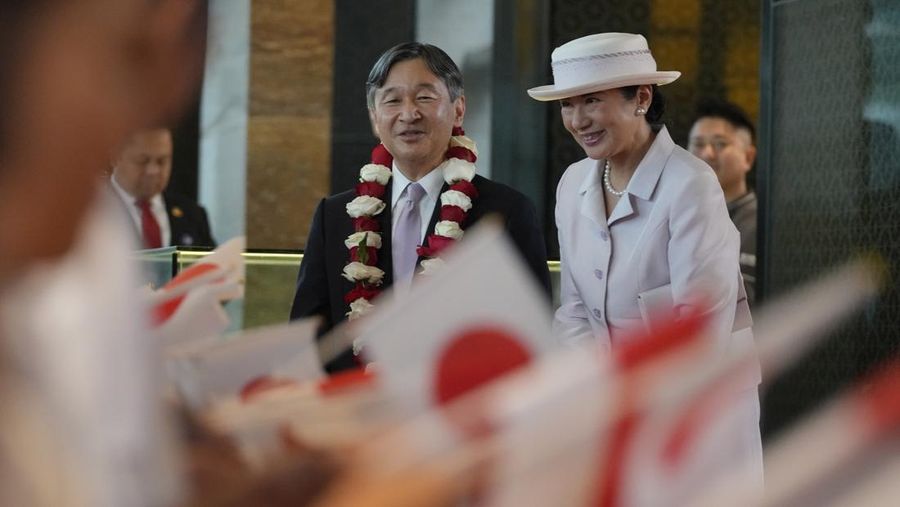 Japanese Emperor Naruhito, left, and Empress Masako , right, upon their arrive at Soekarno-Hatta International Airport in Tangerang, Banten province, Indonesia, Saturday, June 17, 2023. ( Ajeng Dinar Ulfiana/Pool Photo via AP)