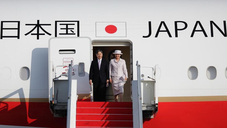 Japanese Emperor Naruhito, left, and Empress Masako , right, upon their arrive at Soekarno-Hatta International Airport in Tangerang, Banten province, Indonesia, Saturday, June 17, 2023. ( Ajeng Dinar Ulfiana/Pool Photo via AP)