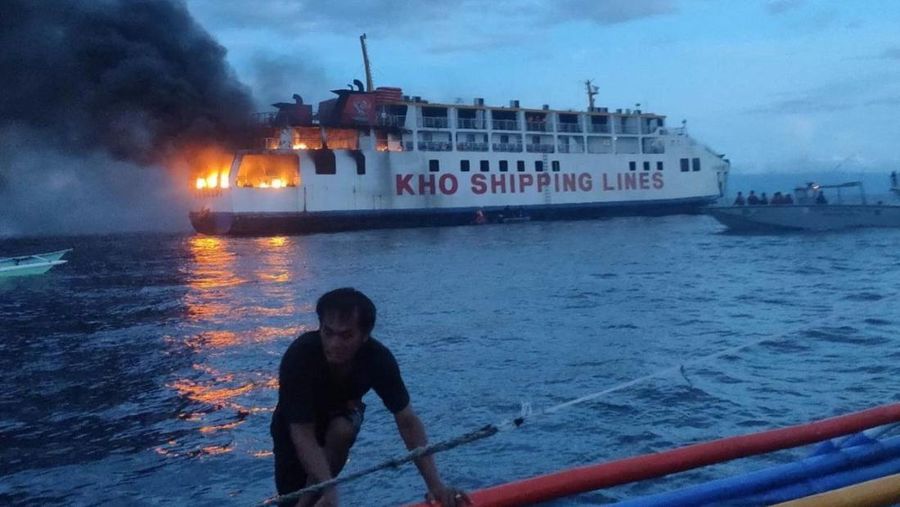 Smoke rises due to a massive fire at a ferry in Bohol, Philippines, June 18, 2023 in this handout image. Philippine Coast Guard/Handout via REUTERS    THIS IMAGE HAS BEEN SUPPLIED BY A THIRD PARTY. NO RESALES. NO ARCHIVES. MANDATORY CREDIT.