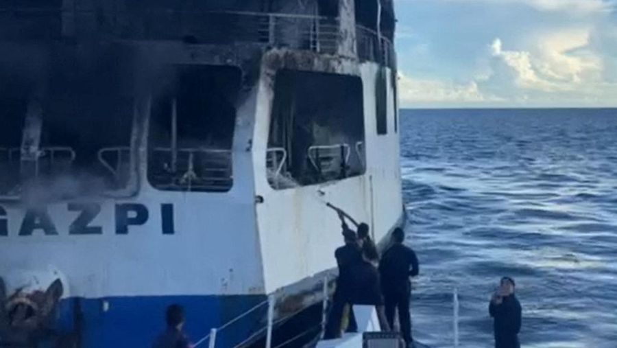 Smoke rises due to a massive fire at a ferry in Bohol, Philippines, June 18, 2023 in this handout image. Philippine Coast Guard/Handout via REUTERS    THIS IMAGE HAS BEEN SUPPLIED BY A THIRD PARTY. NO RESALES. NO ARCHIVES. MANDATORY CREDIT.