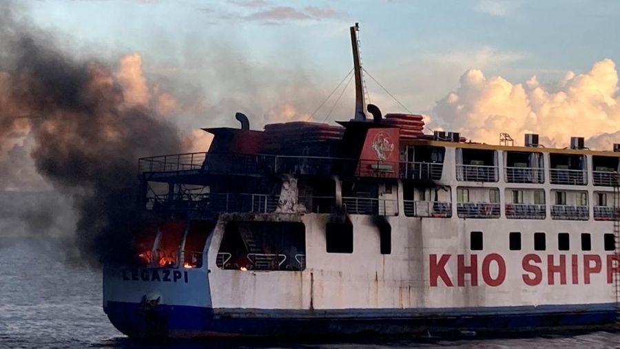 Smoke rises due to a massive fire at a ferry in Bohol, Philippines, June 18, 2023 in this handout image. Philippine Coast Guard/Handout via REUTERS    THIS IMAGE HAS BEEN SUPPLIED BY A THIRD PARTY. NO RESALES. NO ARCHIVES. MANDATORY CREDIT.
