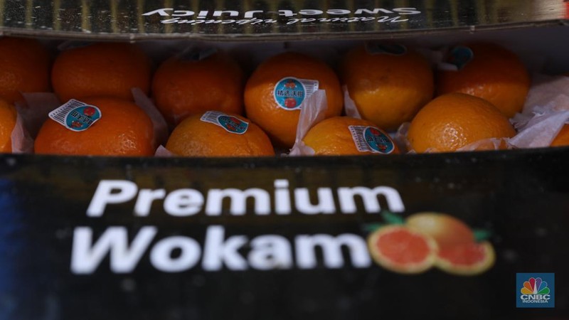 Pekerja melakukan bongkar muat buah impor dari China yang akan dipasarkan di Pasar Induk Kramat Jati, Jakarta, Senin (19/6/2023). (CNBC Indonesia/Tri Susilo)