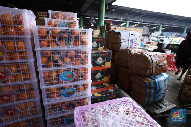 Pekerja melakukan bongkar muat buah impor dari China yang akan dipasarkan di Pasar Induk Kramat Jati, Jakarta, Senin (19/6/2023). Pekerja melakukan bongkar muat buah impor dari China yang akan dipasarkan di Pasar Induk Kramat Jati, Jakarta, Senin (19/6/2023). (CNBC Indonesia/Tri Susilo)