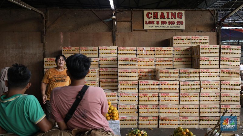 Pekerja melakukan bongkar muat buah impor dari China yang akan dipasarkan di Pasar Induk Kramat Jati, Jakarta, Senin (19/6/2023). (CNBC Indonesia/Tri Susilo)