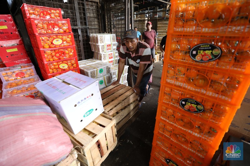 Pekerja melakukan bongkar muat buah impor dari China yang akan dipasarkan di Pasar Induk Kramat Jati, Jakarta, Senin (19/6/2023). Pekerja melakukan bongkar muat buah impor dari China yang akan dipasarkan di Pasar Induk Kramat Jati, Jakarta, Senin (19/6/2023). (CNBC Indonesia/Tri Susilo)