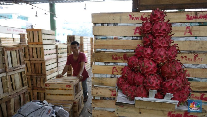Pekerja melakukan bongkar muat buah impor dari China yang akan dipasarkan di Pasar Induk Kramat Jati, Jakarta, Senin (19/6/2023). (CNBC Indonesia/Tri Susilo)