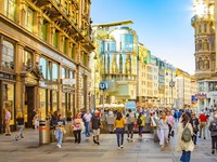 Vienna, Austria - 10 September, 2021: Central Carinthian Street (Karntner strasse) in Wien old town, people walking on busy shopping street
