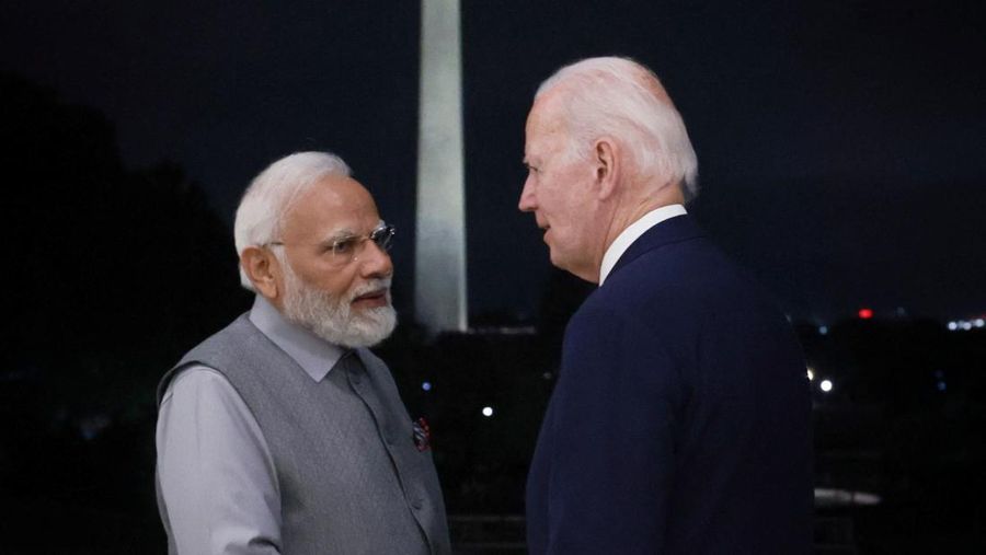 Presiden AS Joe Biden bertemu dengan Perdana Menteri India Narendra Modi di Washington, AS, 21 Juni 2023. (India's Press Information Bureau/Handout via REUTERS)