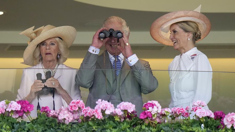 Britain's King Charles III , Camilla, the Queen Consort and Sophie, Duchess of Edinburgh, right, watch a race at day two of the Royal Ascot horse racing meeting, at Ascot Racecourse in Ascot, England, Wednesday, June 21, 2023.(AP Photo/Alastair Grant)