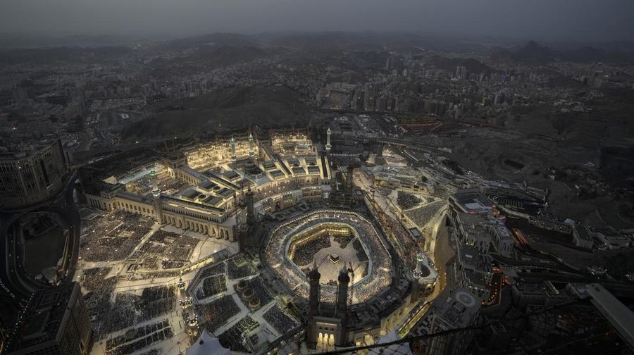 A general view of the Grand Mosque is seen from the Clock Tower during the Hajj pilgrimage in the Muslim holy city of Mecca, Saudi Arabia, Thursday, June 22, 2023. Muslim pilgrims are converging on Saudi Arabia's holy city of Mecca for the largest hajj since the coronavirus pandemic severely curtailed access to one of Islam's five pillars. (AP Photo/Amr Nabil)