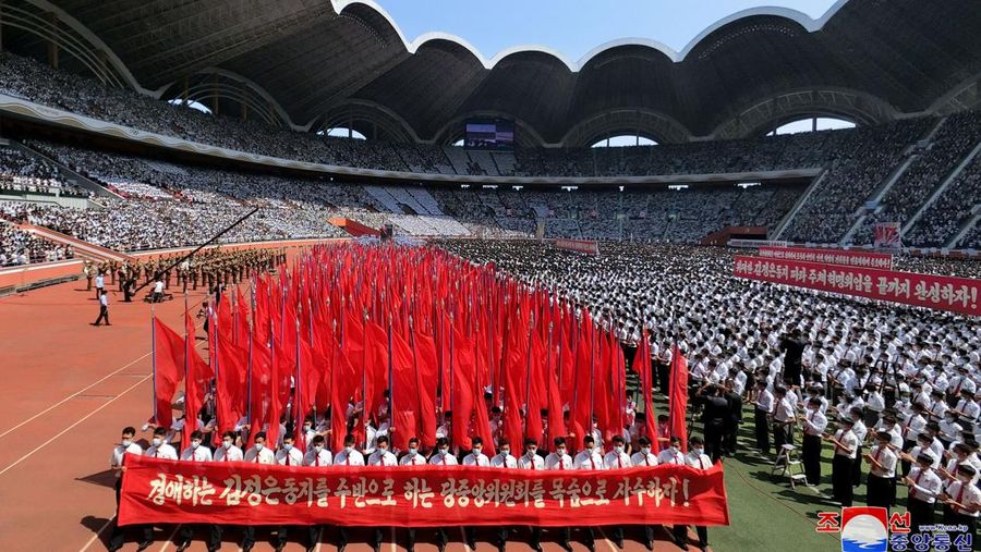 People attend a mass rally denouncing the U.S. in Pyongyang, North Korea, June 25, 2023 in this photo released by North Korea's Korean Central News Agency (KCNA).   KCNA via REUTERS    ATTENTION EDITORS - THIS IMAGE WAS PROVIDED BY A THIRD PARTY. REUTERS IS UNABLE TO INDEPENDENTLY VERIFY THIS IMAGE. NO THIRD PARTY SALES. SOUTH KOREA OUT. NO COMMERCIAL OR EDITORIAL SALES IN SOUTH KOREA.