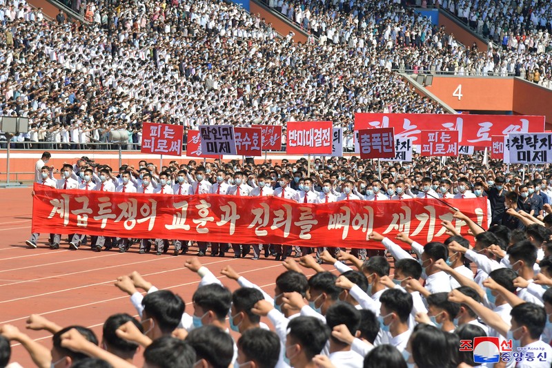 NORTHKOREA-USA/ People attend a mass rally denouncing the U.S. in Pyongyang, North Korea, June 25, 2023 in this photo released by North Korea's Korean Central News Agency (KCNA). KCNA via REUTERS ATTENTION EDITORS - THIS IMAGE WAS PROVIDED BY A THIRD PARTY. REUTERS IS UNABLE TO INDEPENDENTLY VERIFY THIS IMAGE. NO THIRD PARTY SALES. SOUTH KOREA OUT. NO COMMERCIAL OR EDITORIAL SALES IN SOUTH KOREA.