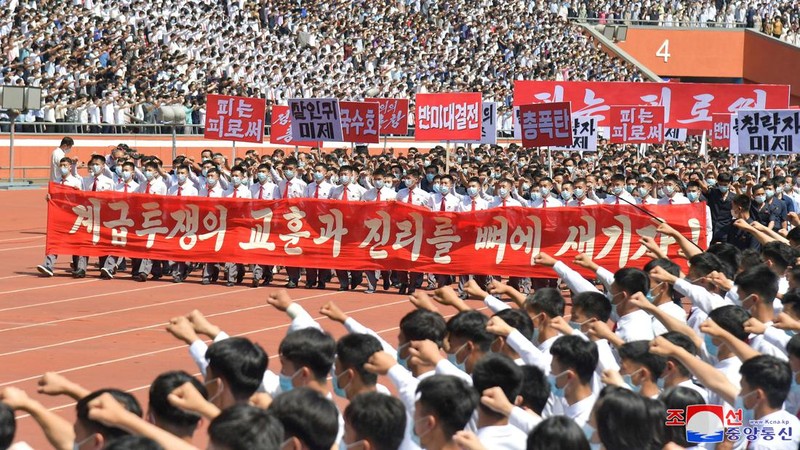People attend a mass rally denouncing the U.S. in Pyongyang, North Korea, June 25, 2023 in this photo released by North Korea's Korean Central News Agency (KCNA).   KCNA via REUTERS    ATTENTION EDITORS - THIS IMAGE WAS PROVIDED BY A THIRD PARTY. REUTERS IS UNABLE TO INDEPENDENTLY VERIFY THIS IMAGE. NO THIRD PARTY SALES. SOUTH KOREA OUT. NO COMMERCIAL OR EDITORIAL SALES IN SOUTH KOREA.