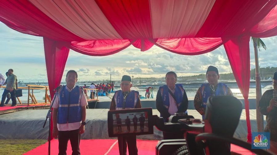 Wakil Presiden Republik Indonesia Ma'ruf Amin bersama Menteri Kelautan dan Perikanan Sakti Wahyu Trenggono melakukan panen raya siklus 1 di tambak Budidaya Udang Berbasis Kawasan (BUBK) Kebumen, Jawa Tengah pada hari ini, Senin (26/6/2023). (CNBC Indonesia/Martyasari)