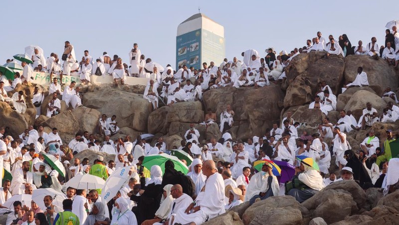 Muslim pilgrims gather on the Mount of Mercy at the plain of Arafat during the annual haj pilgrimage, outside the holy city of Mecca, Saudi Arabia, June 27, 2023. REUTERS/Mohamed Abd El Ghany