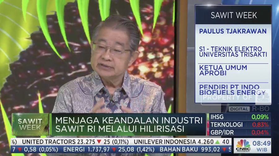 Ketua Umum (APROBI) Paulus Tjakrawan dalam acara Squawk Box, Sawit Week. (Tangkapan layar CNBC Indonesia TV)