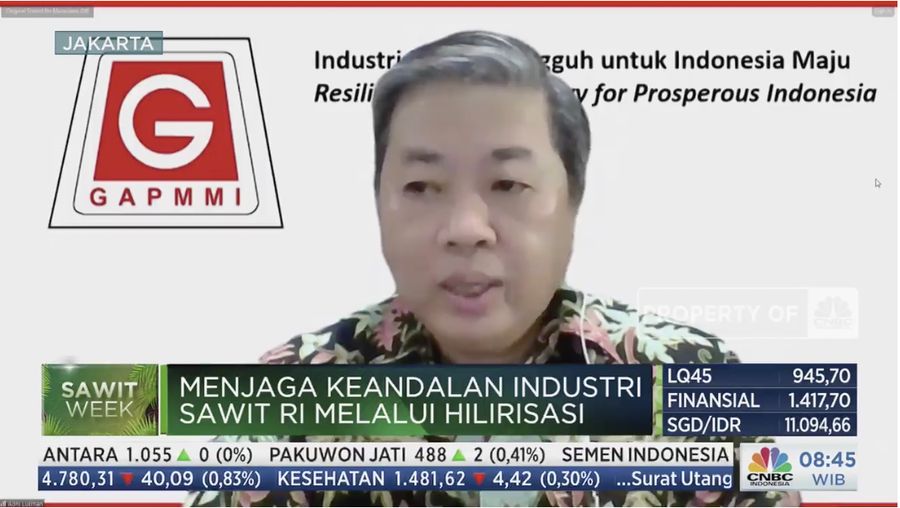 Ketua Umum (GAPMMI) Adhi S Lukman dalam acara Squawk Box, Sawit Week. (Tangkapan layar CNBC Indonesia TV)