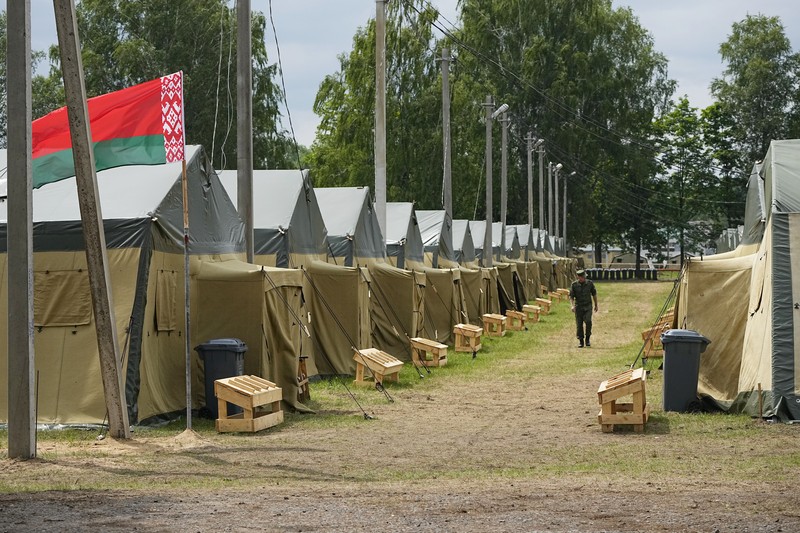 A view of the Belarusian army camp near Tsel village, about 90 kilometers (about 55 miles) southeast of Minsk, Belarus, Friday, July 7, 2023. Maj. Gen. Leonid Kosinsky, an assistant to Belarus' defense minister, said that Russia's Wagner military contractor could use the army camp near Tsel if it relocates to Belarus under a deal that ended mercenary chief Yevgeny Prigozhin's abortive mutiny. (AP Photo/Alexander Zemlianichenko)