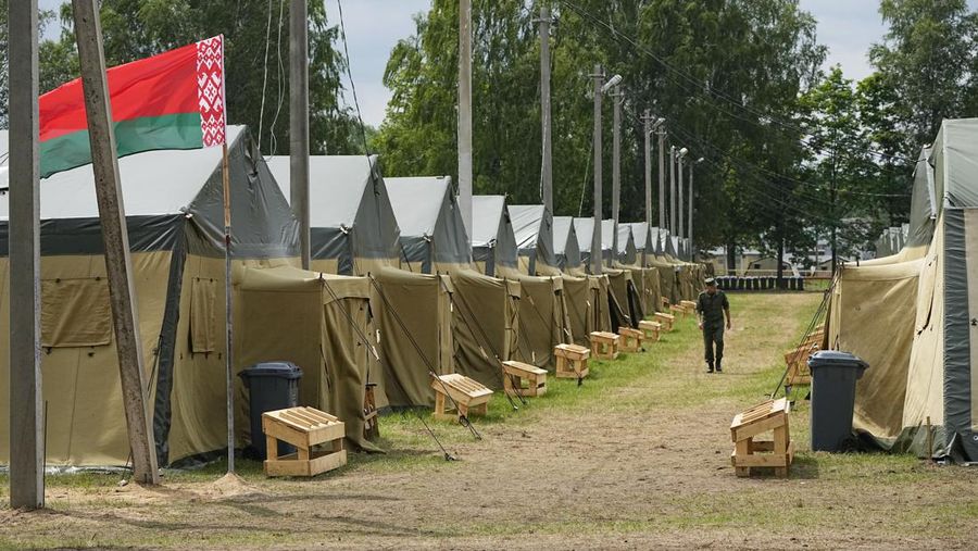 A view of the Belarusian army camp near Tsel village, about 90 kilometers (about 55 miles) southeast of Minsk, Belarus, Friday, July 7, 2023. Maj. Gen. Leonid Kosinsky, an assistant to Belarus' defense minister, said that Russia's Wagner military contractor could use the army camp near Tsel if it relocates to Belarus under a deal that ended mercenary chief Yevgeny Prigozhin's abortive mutiny. (AP Photo/Alexander Zemlianichenko)