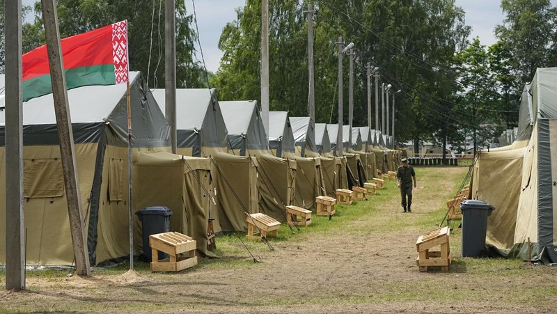 A view of the Belarusian army camp near Tsel village, about 90 kilometers (about 55 miles) southeast of Minsk, Belarus, Friday, July 7, 2023. Maj. Gen. Leonid Kosinsky, an assistant to Belarus' defense minister, said that Russia's Wagner military contractor could use the army camp near Tsel if it relocates to Belarus under a deal that ended mercenary chief Yevgeny Prigozhin's abortive mutiny. (AP Photo/Alexander Zemlianichenko)