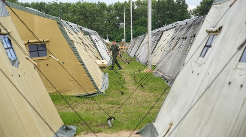 A view of the Belarusian army camp near Tsel village, about 90 kilometers (about 55 miles) southeast of Minsk, Belarus, Friday, July 7, 2023. Maj. Gen. Leonid Kosinsky, an assistant to Belarus' defense minister, said that Russia's Wagner military contractor could use the army camp near Tsel if it relocates to Belarus under a deal that ended mercenary chief Yevgeny Prigozhin's abortive mutiny. (AP Photo/Alexander Zemlianichenko)