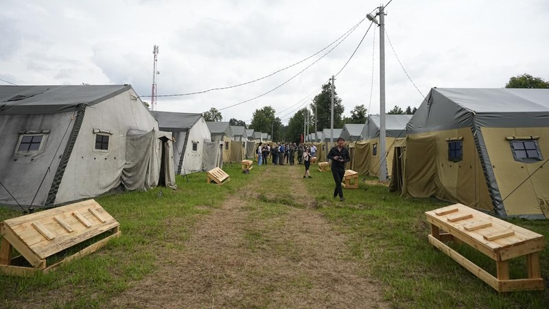 A view of the Belarusian army camp near Tsel village, about 90 kilometers (about 55 miles) southeast of Minsk, Belarus, Friday, July 7, 2023. Maj. Gen. Leonid Kosinsky, an assistant to Belarus' defense minister, said that Russia's Wagner military contractor could use the army camp near Tsel if it relocates to Belarus under a deal that ended mercenary chief Yevgeny Prigozhin's abortive mutiny. (AP Photo/Alexander Zemlianichenko)