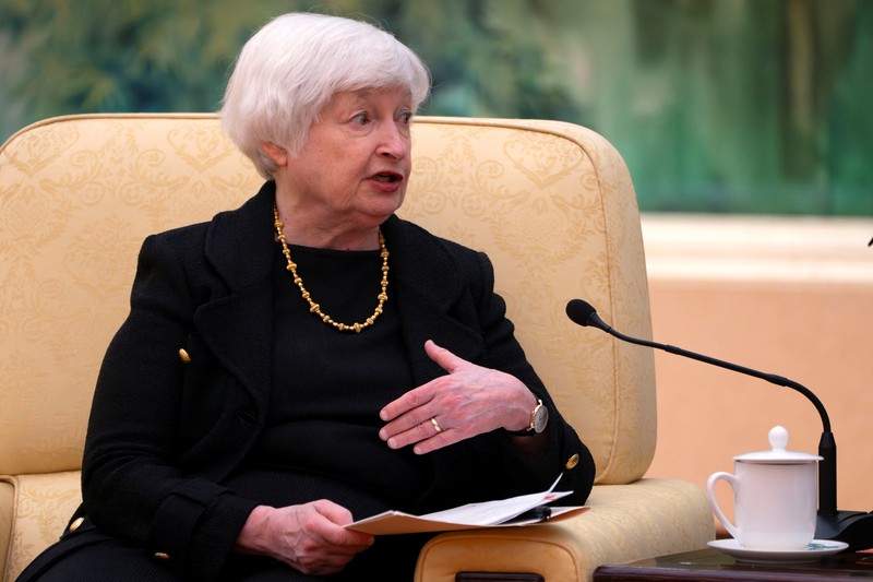 U.S. Treasury Secretary Janet Yellen looks on during a meeting with Chinese Vice Premier He Lifeng at the Diaoyutai State Guesthouse in Beijing, China, Saturday, July 8, 2023. Mark Schiefelbein/Pool via REUTERS