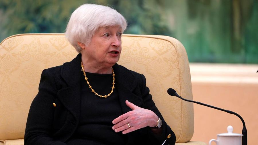 Treasury Secretary Janet Yellen speaks during a meeting with Chinese Premier Li Qiang, not shown, at the Great Hall of the People in Beijing, China, Friday, July 7, 2023.  Mark Schiefelbein/Pool via REUTERS