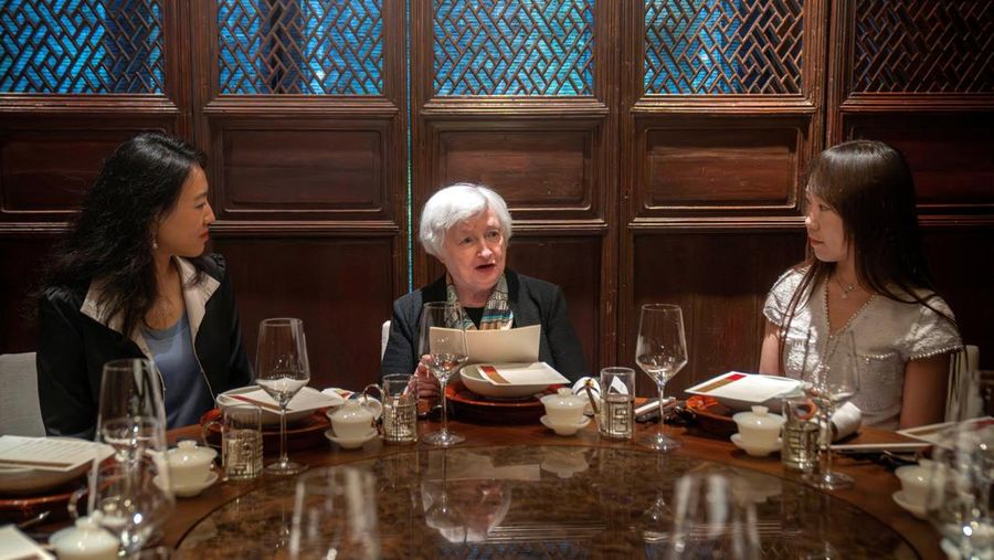 U.S. Treasury Secretary Janet Yellen, center, speaks during a lunch meeting with women economists in Beijing, China, Saturday, July 8, 2023. 
    Mark Schiefelbein/Pool via REUTERS