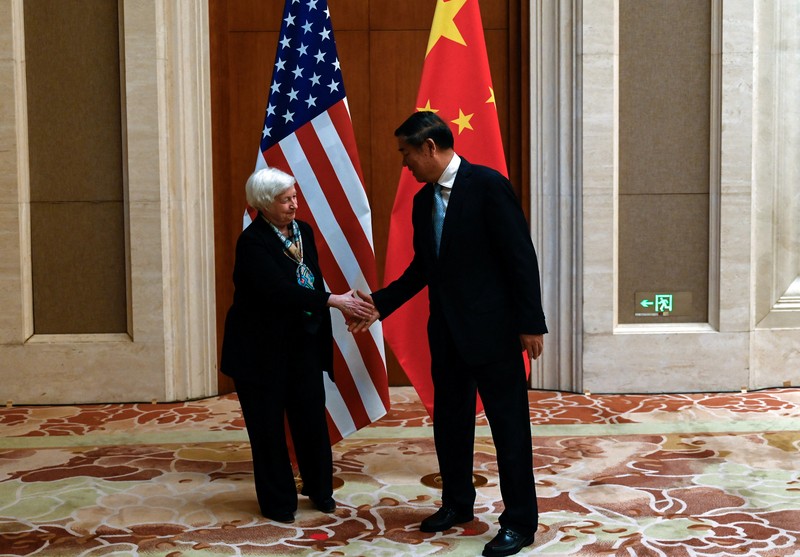CHINA-USA/YELLEN U.S. Treasury Secretary Janet Yellen looks on during a meeting with Chinese Vice Premier He Lifeng at the Diaoyutai State Guesthouse in Beijing, China, Saturday, July 8, 2023. Mark Schiefelbein/Pool via REUTERS