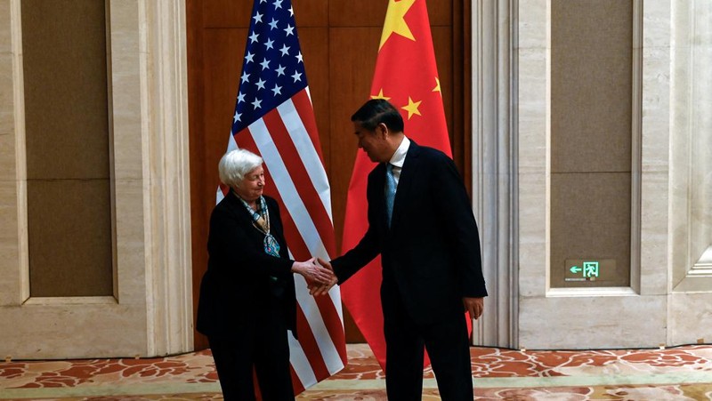 U.S. Treasury Secretary Janet Yellen looks on during a meeting with Chinese Vice Premier He Lifeng at the Diaoyutai State Guesthouse in Beijing, China, Saturday, July 8, 2023. Mark Schiefelbein/Pool via REUTERS