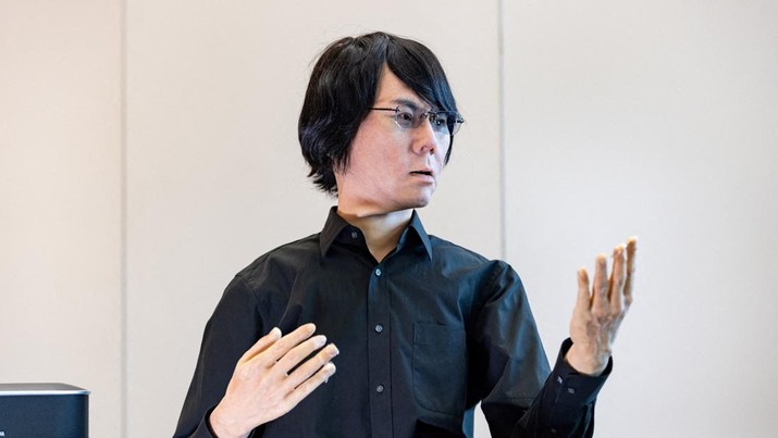 Humanoid robot 'Geminoid' is pictured at AI for Good Global Summit, in Geneva, Switzerland, July 6, 2023. REUTERS/Pierre Albouy