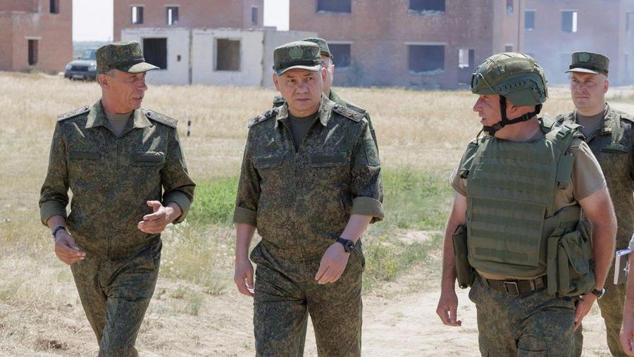 Russia's Defence Minister Sergei Shoigu inspects troops at a shooting range in an unknown location in the country's Southern Military District, in the course of Russia-Ukraine conflict, in this image released July 8, 2023. Russian Defence Ministry/Handout via REUTERS ATTENTION EDITORS - THIS IMAGE WAS PROVIDED BY A THIRD PARTY. NO RESALES. NO ARCHIVES. MANDATORY CREDIT.