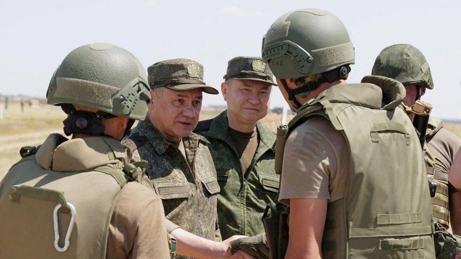 Russia's Defence Minister Sergei Shoigu inspects troops at a shooting range in an unknown location in the country's Southern Military District, in the course of Russia-Ukraine conflict, in this image released July 8, 2023. Russian Defence Ministry/Handout via REUTERS ATTENTION EDITORS - THIS IMAGE WAS PROVIDED BY A THIRD PARTY. NO RESALES. NO ARCHIVES. MANDATORY CREDIT.