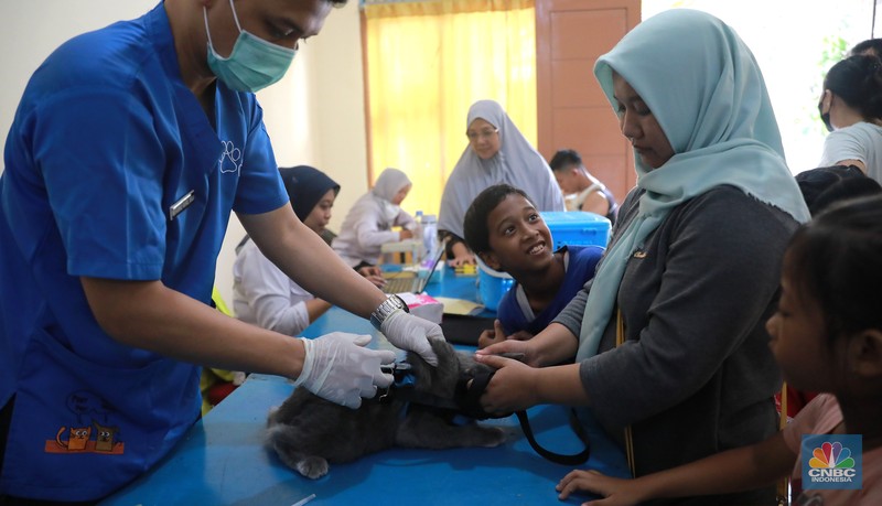 Warga membawa hewan peliharaanya untuk menjalani proses vaksin rabies untuk klasifikasi hewan anjing, kucing, dan kera oleh Suku Dinas Ketahanan Pangan, Kelautan dan Pertanian (Sudin KPKP) Jakarta Timur secara gratis di Kuningan Mampang, Jakarta Selatan Rabu (12/7/2023). (CNBC Indonesia/Muhammad Sabki) Warga membawa hewan peliharaanya untuk menjalani proses vaksin rabies untuk klasifikasi hewan anjing, kucing, dan kera oleh Suku Dinas Ketahanan Pangan, Kelautan dan Pertanian (Sudin KPKP) Jakarta Timur secara gratis di Kuningan Mampang, Jakarta Selatan Rabu (12/7/2023). (CNBC Indonesia/Muhammad Sabki)