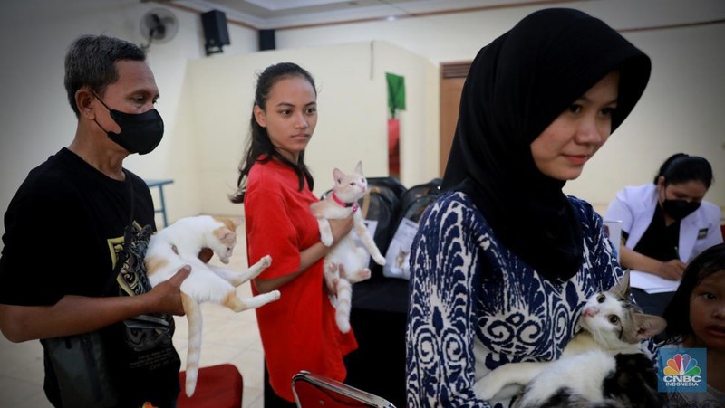Warga membawa hewan peliharaanya untuk menjalani proses vaksin rabies untuk klasifikasi hewan anjing, kucing, dan kera oleh Suku Dinas Ketahanan Pangan, Kelautan dan Pertanian (Sudin KPKP) Jakarta Timur secara gratis di Kuningan Mampang, Jakarta Selatan Rabu (12/7/2023). (CNBC Indonesia/Muhammad Sabki)