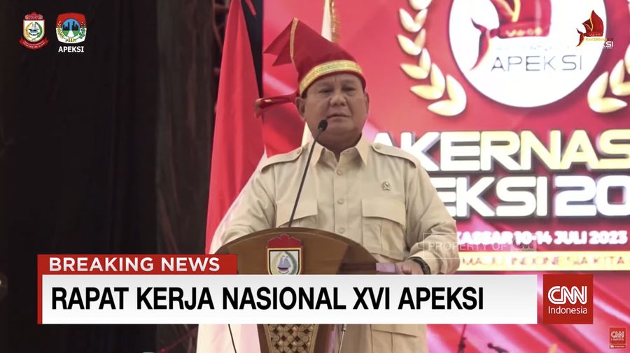 Prabowo Hadiri Diskusi Panel Rakernas Apeksi 2023. (Tangkapan Layar Youtube CNN Indonesia)