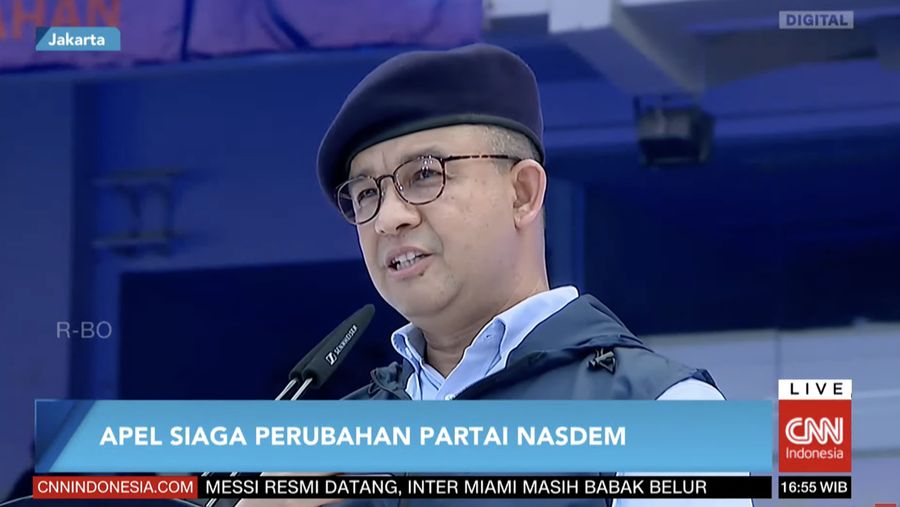 Calon Presiden Anies Baswedan dalam Apel Perubahan Partai Nasdem di Gelora Bung Karno, Senayan Pada Minggu, (16/7/2023). (Tangkapan Layar CNN Indonesia TV)