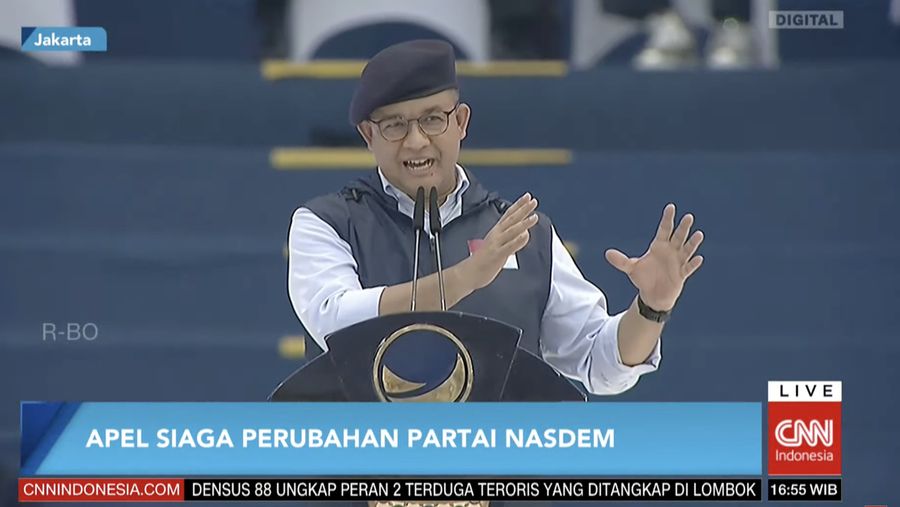 Calon Presiden Anies Baswedan dalam Apel Perubahan Partai Nasdem di Gelora Bung Karno, Senayan Pada Minggu, (16/7/2023). (Tangkapan Layar CNN Indonesia TV)