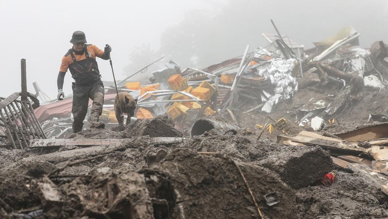 Tim penyelamat melakukan operasi pencarian di sepanjang jalan yang terendam banjir menuju terowongan bawah tanah di Cheongju, Korea Selatan, Minggu, 16 Juli 2023. Hujan deras berhari-hari memicu banjir bandang dan tanah longsor serta menghancurkan rumah, menyebabkan puluhan orang tewas dan memaksa ribuan orang untuk mengungsi, kata para pejabat, Minggu. (Kim Ju-hyung/Yonhap via AP)