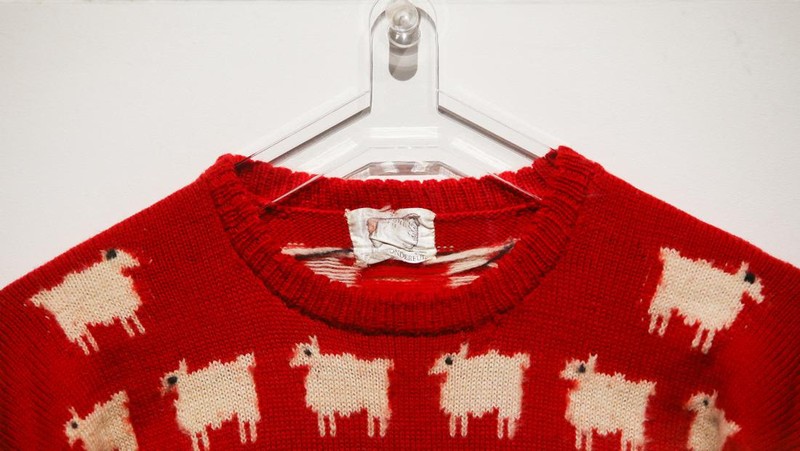 A 'black sheep' jumper worn by the Britain's late Diana, Princess of Wales, is displayed at Sotheby's, in London, Britain, July 17, 2023. The jumper, which is to go up for auction, was worn by Diana on several occasions, and was recently rediscovered in a box in the attic of the manufacturers along with correspondence from Diana's private secretary. REUTERS/Rachel Adams